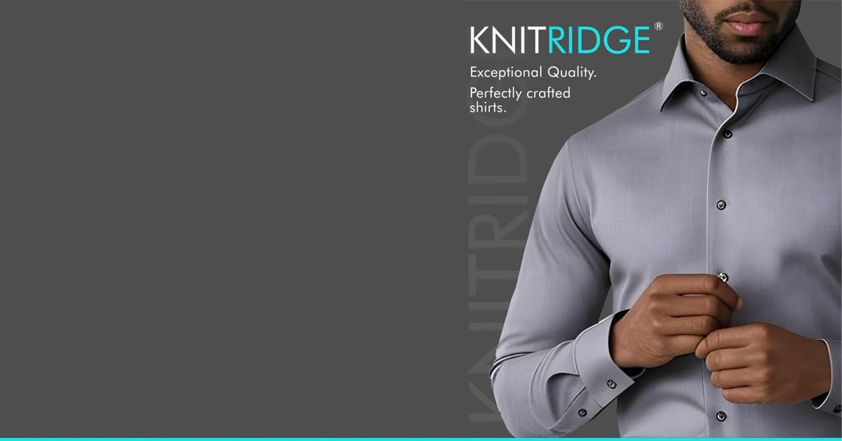 Man adjusting shirt collar with KNITRIDGE branding on a gray background